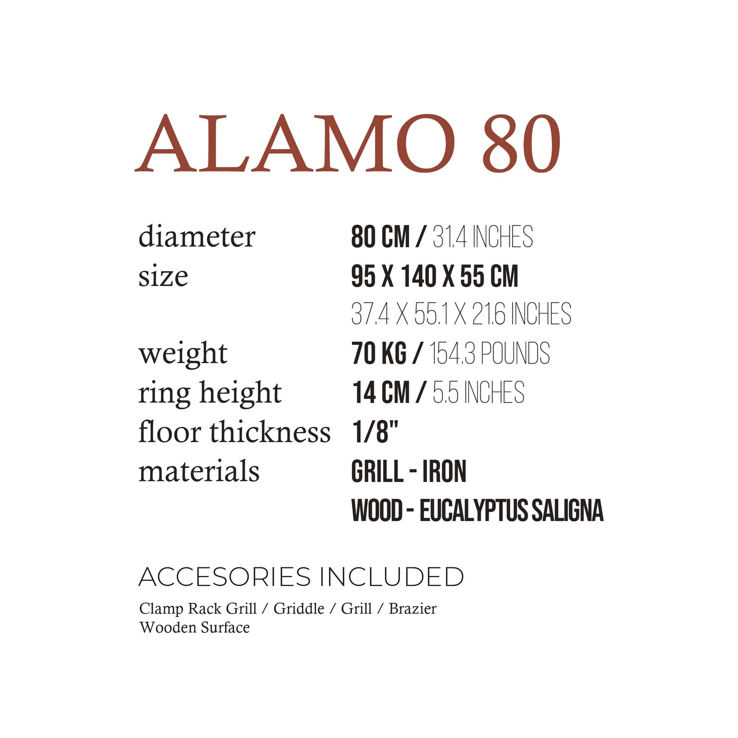 ALAMO 80 Rust Finish Grill – Compact Rustic Steel BBQ with Prep Table | Freestanding Open Fire Grill