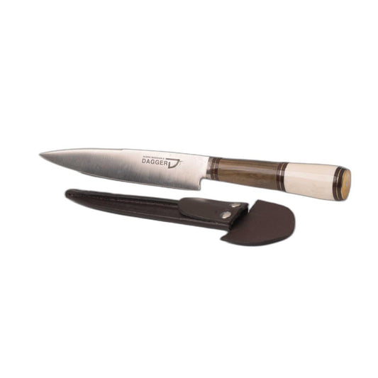 Stainless steel knife with wooden and bone handle. 14 cm leather cover