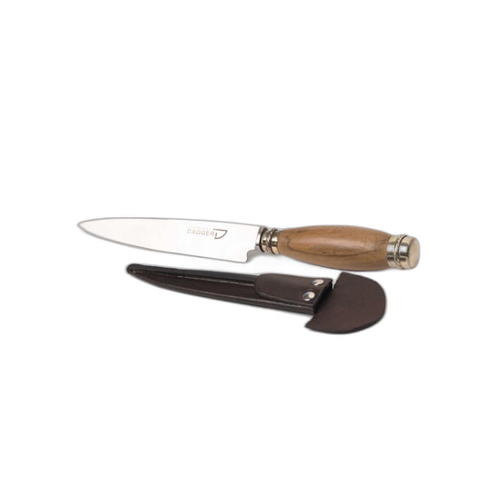 Stainless steel knife with wooden handle and nickel silver applique. 14 cm leather cover