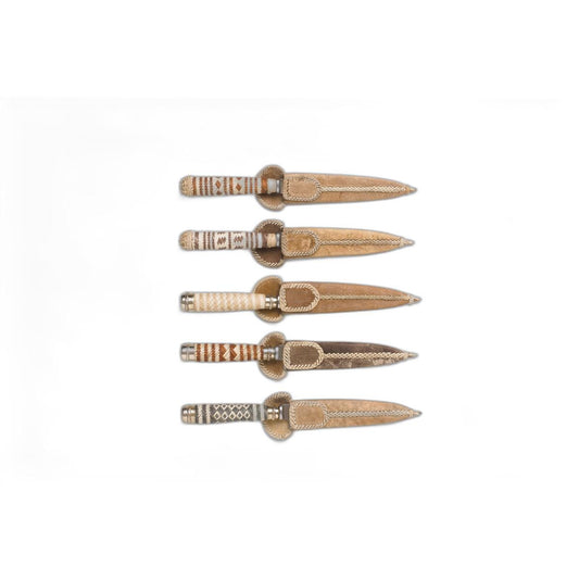 Stainless steel knife with braided leather rope handle and leather cover