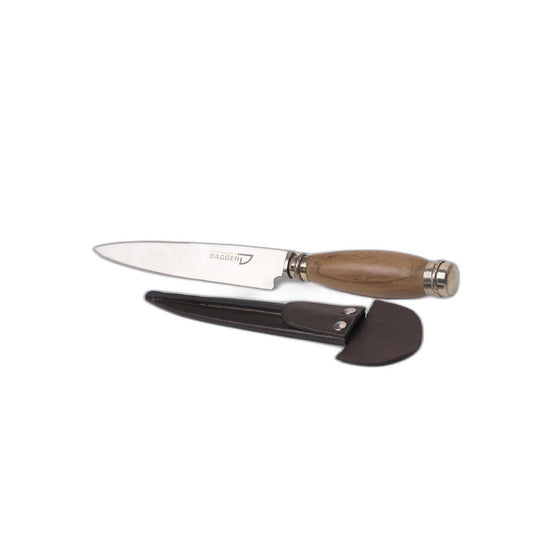 Stainless steel knife with wooden handle and nickel silver applique. 20 cm leather cover
