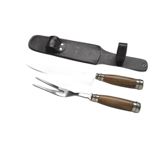 Chaman Set Stainless steel knife and Fork with wooden handle and nickel silver applique. Blade 20 cm with leather cover