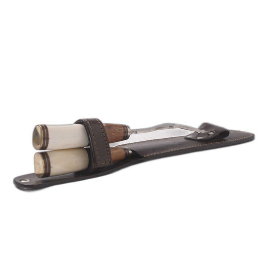 Chaman Set Stainless steel knife and Fork with wooden with bone handle . Blade 20 cm with leather cover